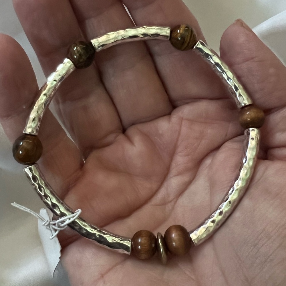 CHRISTOPHER & BANKS Bracelet Silver Hammered Tubes Brown Bead Accents NWT
